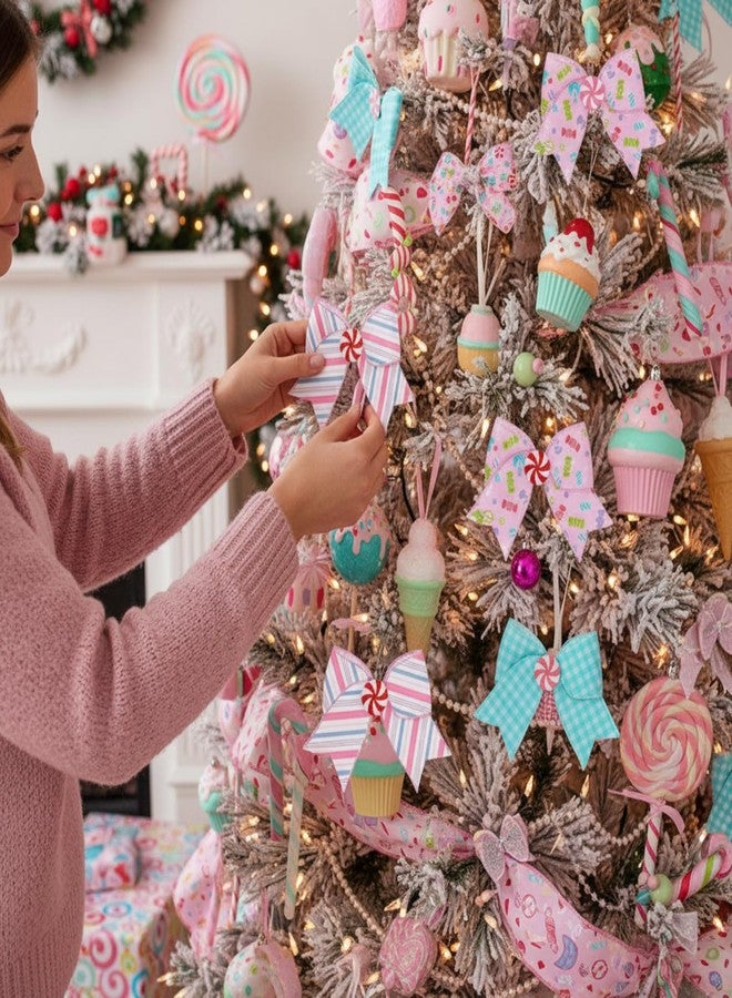 Realspring 15 Pcs Candy Christmas Bows Ornaments 6.3 Inch Large Pastel Christmas Tree Wreath Bows Pink White Blue Xmas Decoration for Xmas Tree Garland Wedding Home Holiday Indoor Outdoor Party Decor - Image 3